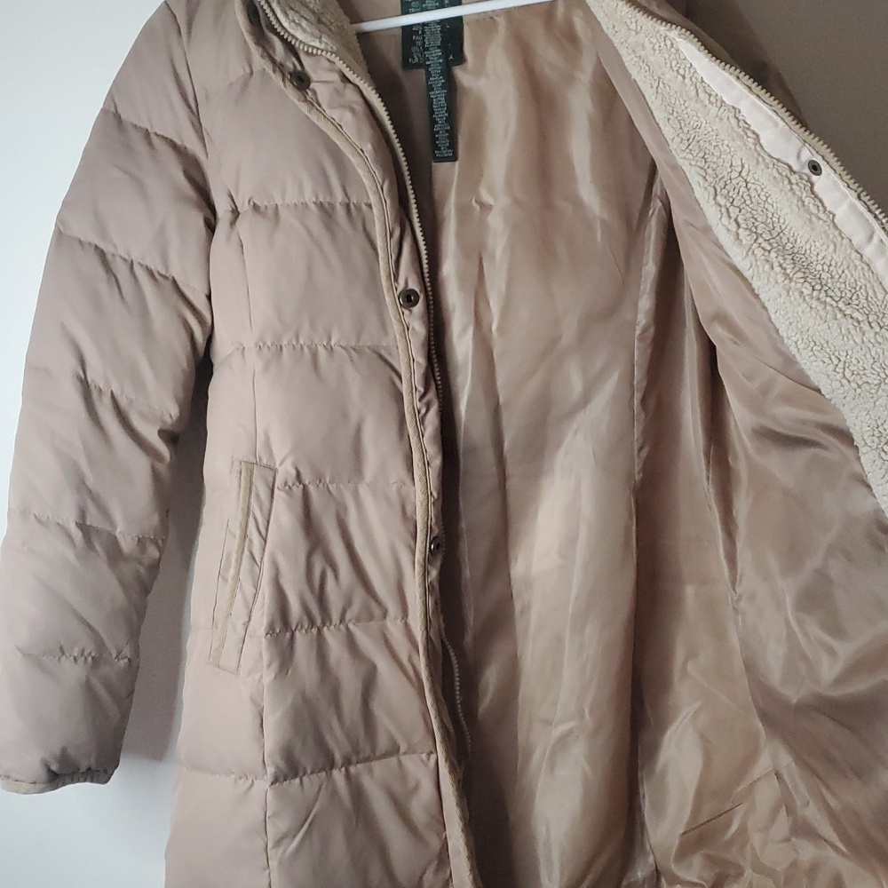 Womens Lauren Ralph Lauren Down Puffer Coat Size Medium Neutral Colored - Picture 6 of 16